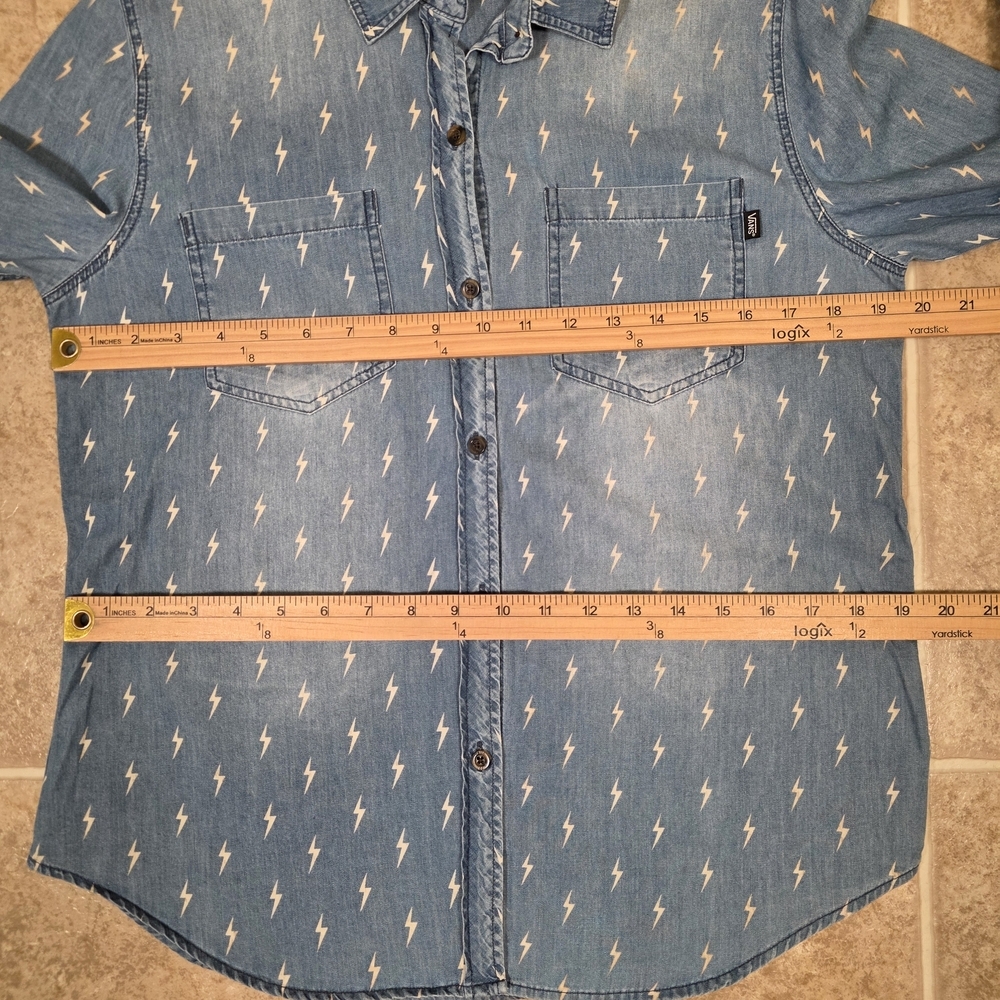 Vans Light Blue Denim Button-Up Shirt with White Lightning Print - Picture 9 of 11